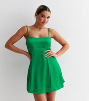 New Look Green Satin Square Neck Strappy Mini Dress
